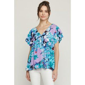 Entro Floral Ruffle Sleeve Top, Blue